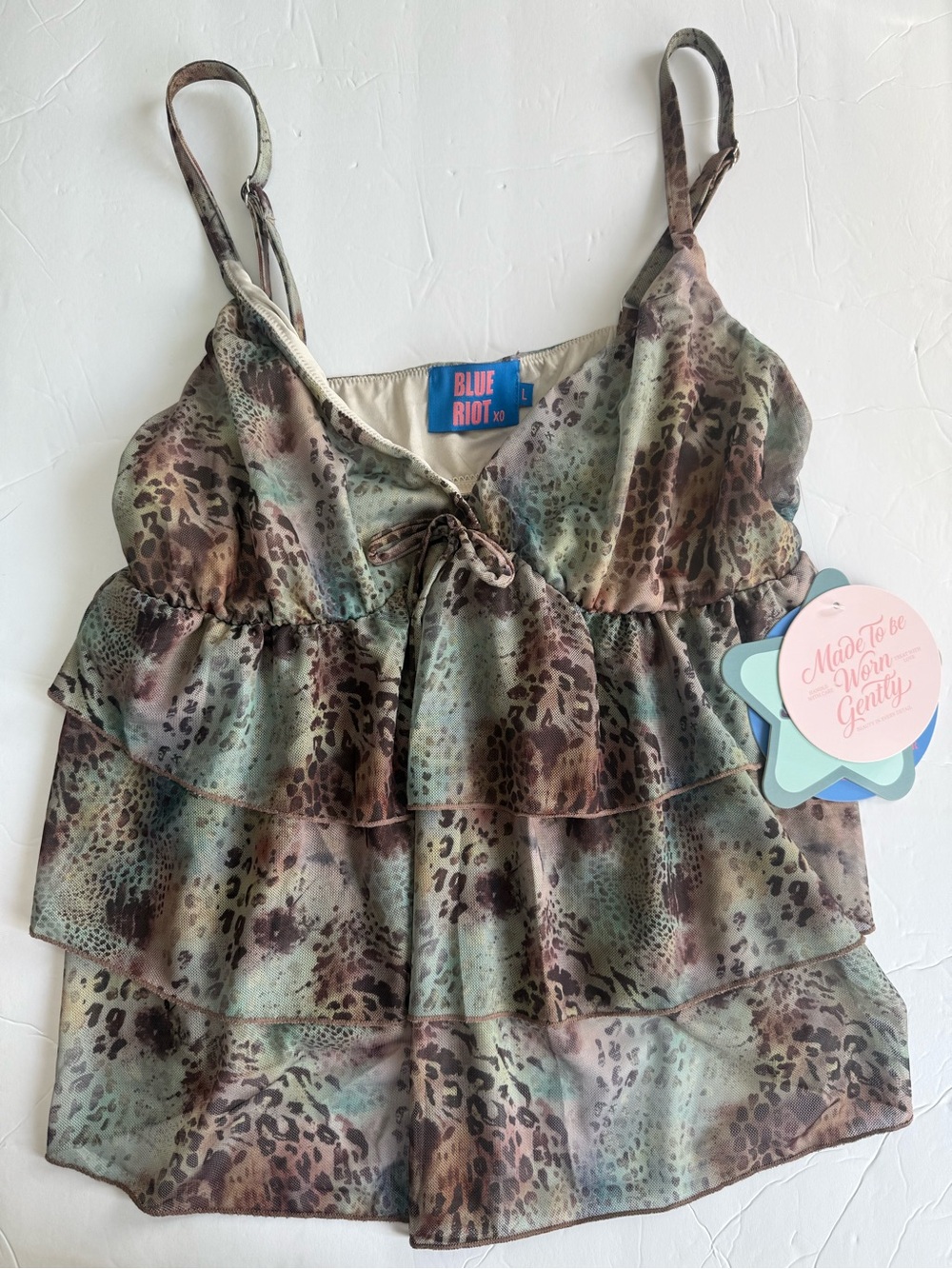 Blue Riot XO Animal Print Ruffle Cami Top Y2K - Size L - NWT